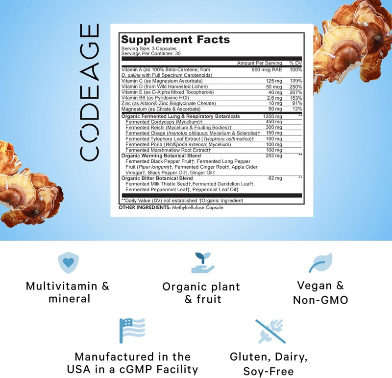 Codeage Lungs Vitamins, A, C, D, E, B6, Milk Thistle Lung Supplement, Zinc & Magnesium, Cordyceps, Reishi, Chaga, Poria, Tylophora, Ginger, Peppermint Leaf Organic Herb Cleanse - Non-GMO - 90 Capsules Infinity Warehouse