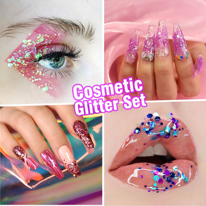 Festival Chunky and Fine Glitter Mix, Teenitor 32 Colors Chunky Sequins & Fine Glitter Powder Mix, Iridescent Glitter Flakes, Cosmetic Face Body Eye Hair Nail Art Resin Tumbler Glitter Loose Glitter Teenitor