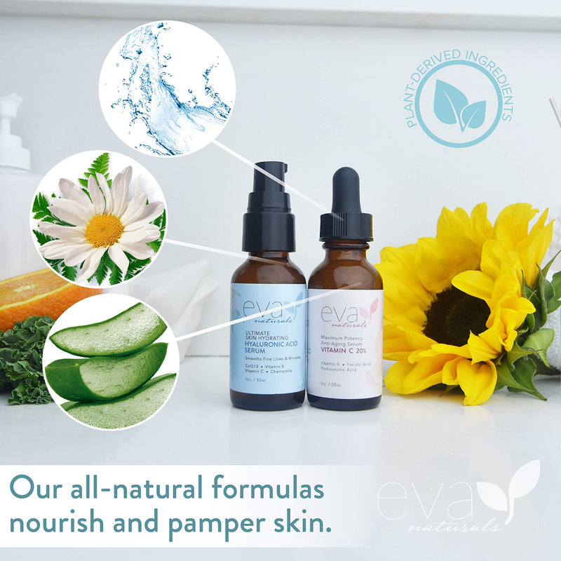 Eva Naturals Hydrate and Brighten Skincare Bundle - Includes Hyaluronic Acid Serum and 20% Vitamin C Serum - Restores Lost Moisture, Plumps Skin while Toning and Smoothing the Complexion Eva Naturals