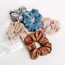 GIMME Good Vibes Scrunchy Pack, Secure Hair Ties. No-Slip or Snag. Variety Pack Denim, Corduroy, Faux Leather, Blush, and Velvet Scrunchies (5 Count) GIMME