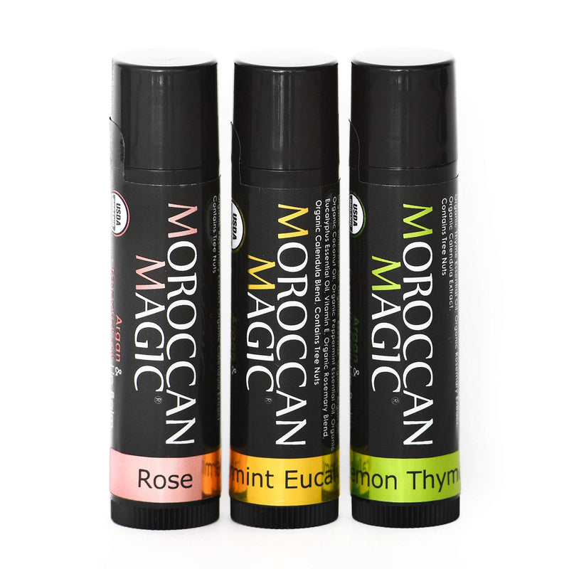 Moroccan Magic Organic Lip Balm Variety Pack Gift Set | Natural Argan and Essential Oils | Quality Smooth Application | Non-Toxic Cruelty Free | Rose, Peppermint Eucalyptus, Lemon Thyme | 3 Pack Moroccan Magic
