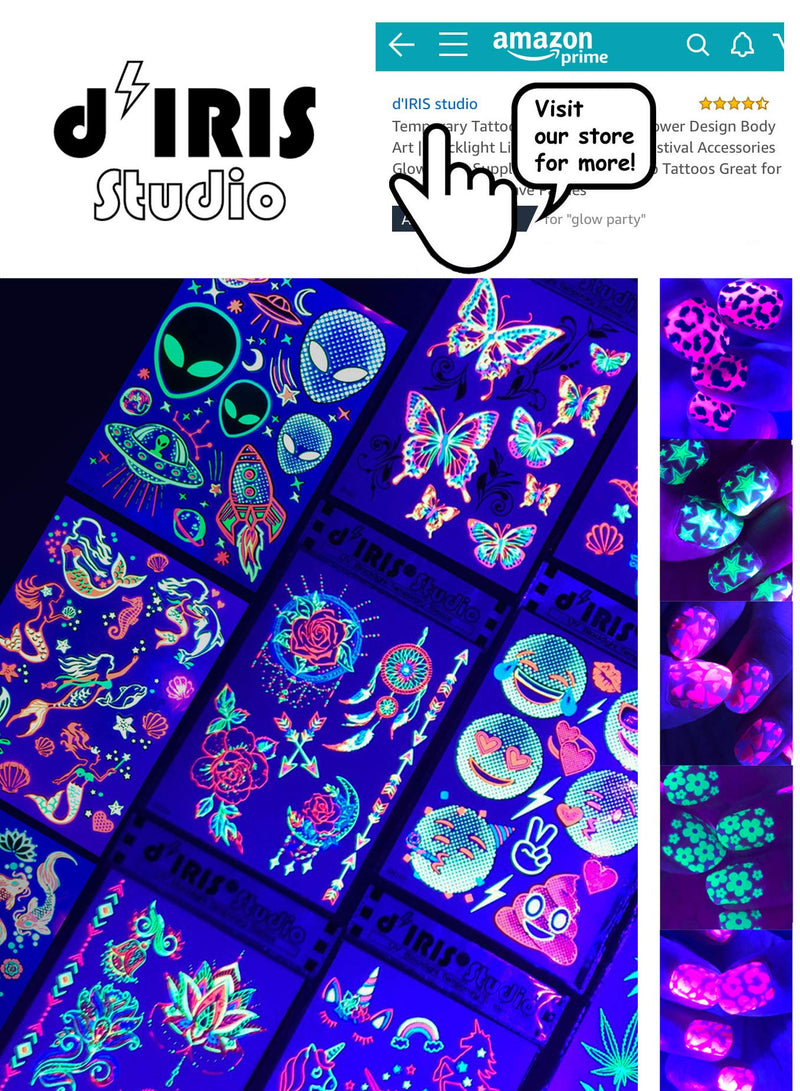 Temporary Tattoos – 1 Sheet Unicorns Design Body Paint Art Blacklight Reactive Light Festival Accessories Glow in the Dark Party Supplies | 7.2” x 5.2” Temp Great for EDM EDC Party Unicorn Rave Parties d'IRIS studio