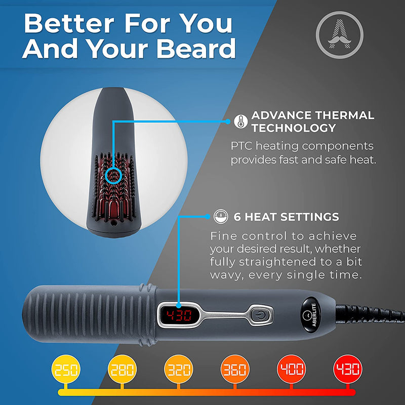 Aberlite EDC - Premium Beard Straightener Brush for Men - Professional Straightening Tool Heated Comb - For Short & Long Beards  - For Home and Travel Aberlite