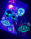 Temporary Tattoos – 1 Sheet Alien UFO Design Body Art Blacklight Reactive Light Festival Accessories Glow in the Dark Party Supplies | 7.2” x 5.2” Temp Tattoos Great for EDM EDC Party Rave Parties d'IRIS studio