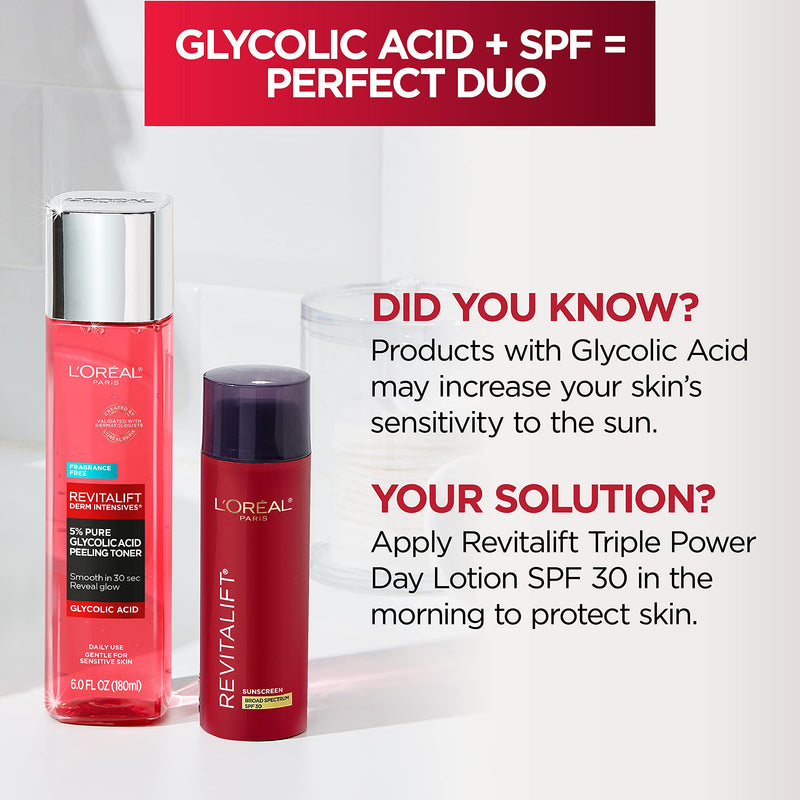 L'Oreal Paris Revitalift 5% Pure Glycolic Acid Peeling Toner from Derm Intensives with Aloe Vera, Smooth Skin & Reveal Glow, Daily Exfoliant for Brighter Skin, Fragrance and Alcohol Free, 6 Fl Oz L'Oreal Paris