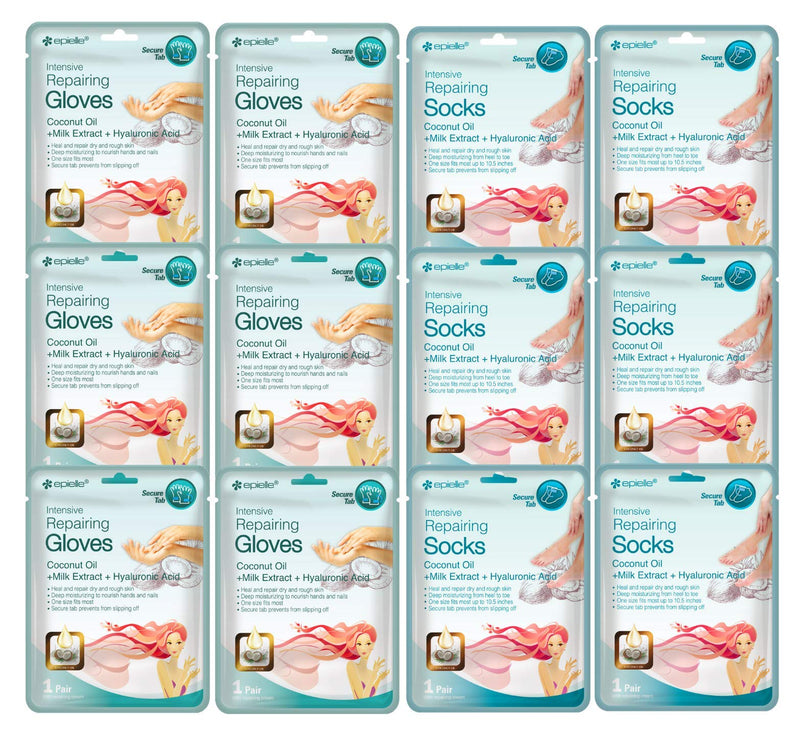 Epielle Intensive Repairing Masks for Hand and Foot (Glove & Socks-12pk) Dry Hand, Dry & Cracked Heel to toe Spa Masks Coconut Oil + Milk Extract + Hyaluronic Acid | Gift set for women, Spa Gift for women Epielle