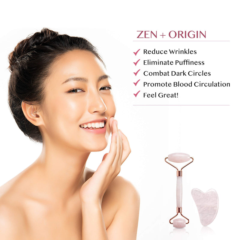Rose Quartz Roller and Gua Sha Set, 100% Natural Rose Quartz Stone Face Roller, Anti-Wrinkle Anti-Aging Skin Care Tool, Facial Roller, Face Massager for Skin Firming and Stress Relief, Rose Gold ZEN + ORIGIN