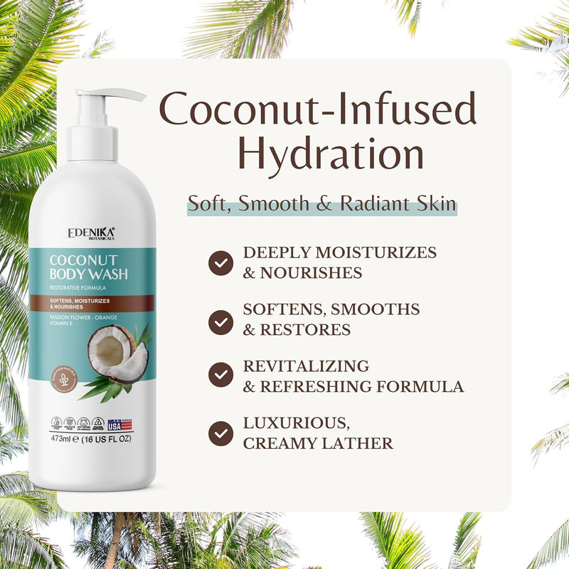 Coconut Body Wash, Cleans, Softens & Nourishes, Ultra Moisturizing Shower Gel for Dry and Sensitive Skin, Women & Men, Organic & Natural, 16 fl oz, 2-Pack Infinity Warehouse