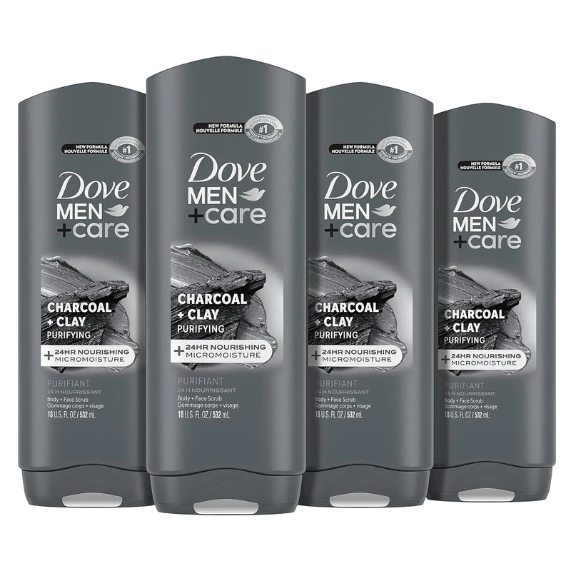 DOVE MEN + CARE Elements Body Wash Charcoal + Clay 4 Count For Men's Skin Care Effectively Washes Away Bacteria While Nourishing Your Skin, 18 oz Infinity Warehouse