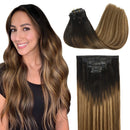 GOO GOO Seamless Hair Extensions Clip in 18 Inch Balayage Dark Brown Fading to Chestnut Brown and Dirty Blonde Hair Extensions 130g 7pcs Remy Hair Extensions with PU Weft Thick Clip in Hair for Women GOO GOO