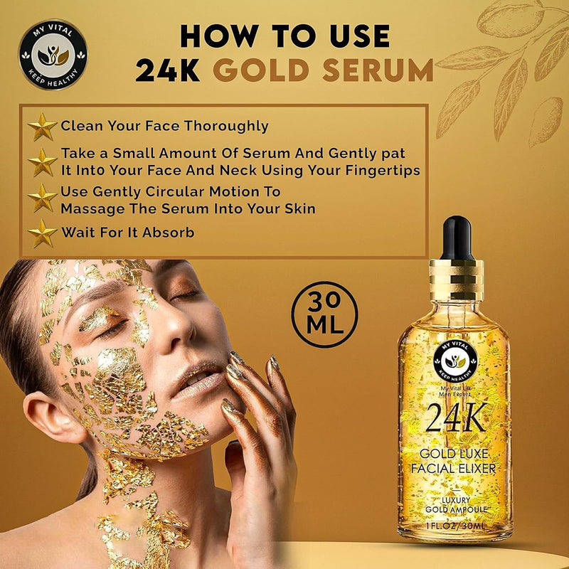 24K Gold Luxe Facial Elixir, Luxury Gold Ampoule, 1 fl oz/30ml'