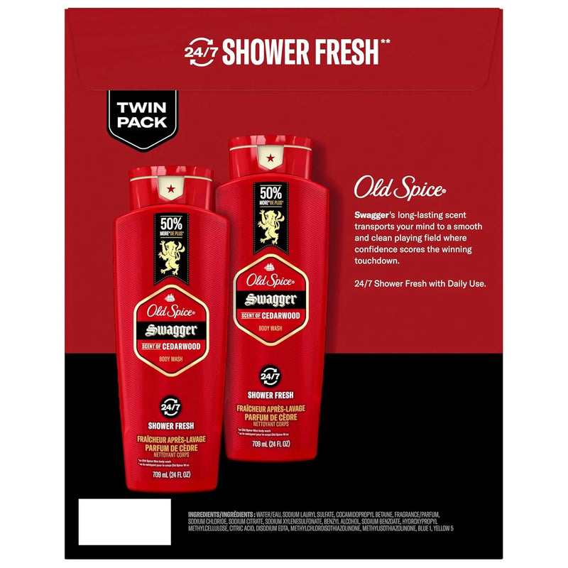 Old Spice Body Wash for Men, 24/7 Shower Fresh with Lasting Scent, Red Collection, Swagger with Cedarwood Scent, 24 fl oz (Pack of 2) Infinity Warehouse
