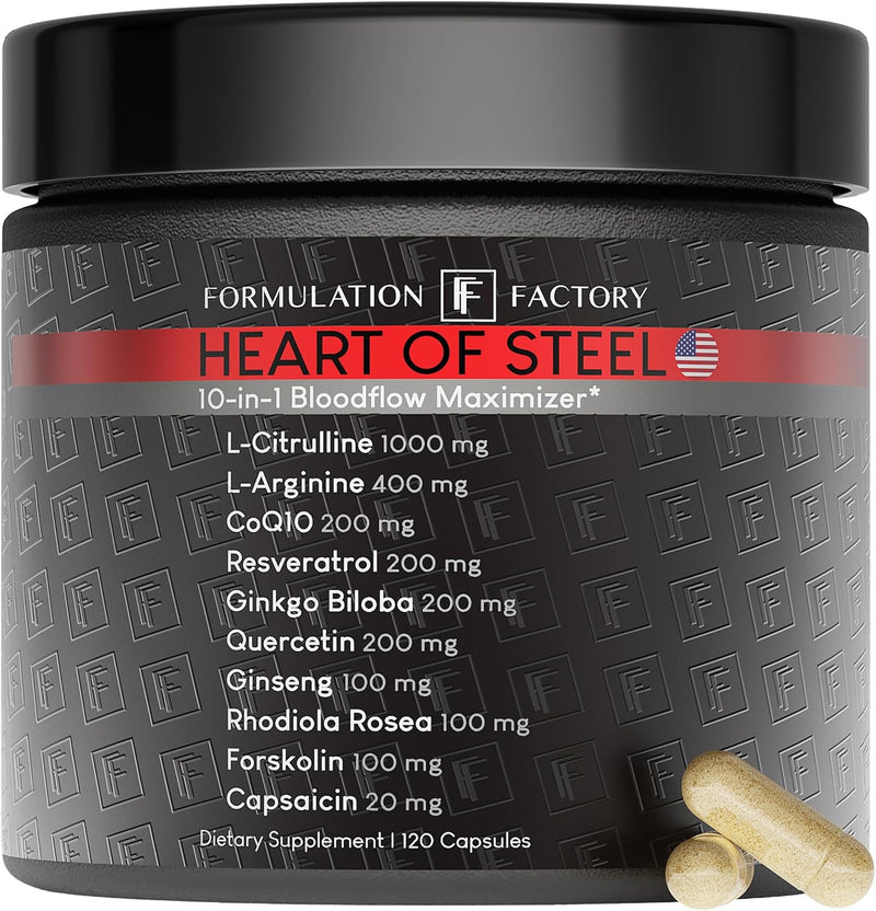 Formulation Factory Heart of Steel: 10-in-1 Metabolic Maximizer Nitric Oxide Supplement, Blood Pressure Support, L Arginine, L Citrulline Natural Pre-Workout: Energy Management 120 Count Infinity Warehouse