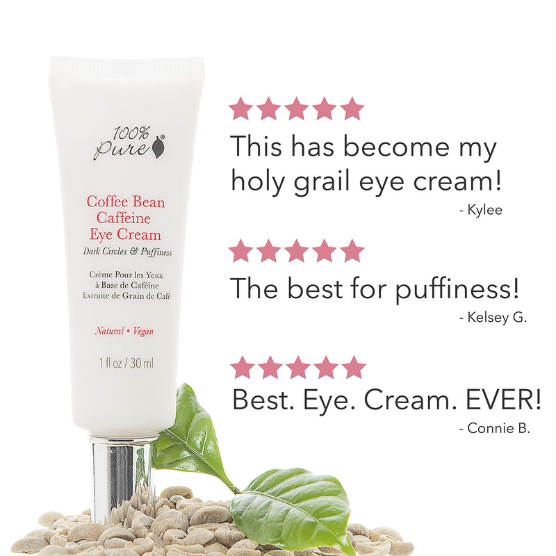 100% Pure Coffee Bean Caffeine Eye Cream Refresh & Hydrate Under Eye Treatment Reduce Puffiness, Dark Circles, Wrinkles with Green Tea, Rose Hip, Vitamin E - Youthful Vibrant Eyes - Vegan - 1 oz 100% PURE