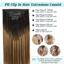 GOO GOO Seamless Hair Extensions Clip in 18 Inch Balayage Dark Brown Fading to Chestnut Brown and Dirty Blonde Hair Extensions 130g 7pcs Remy Hair Extensions with PU Weft Thick Clip in Hair for Women GOO GOO