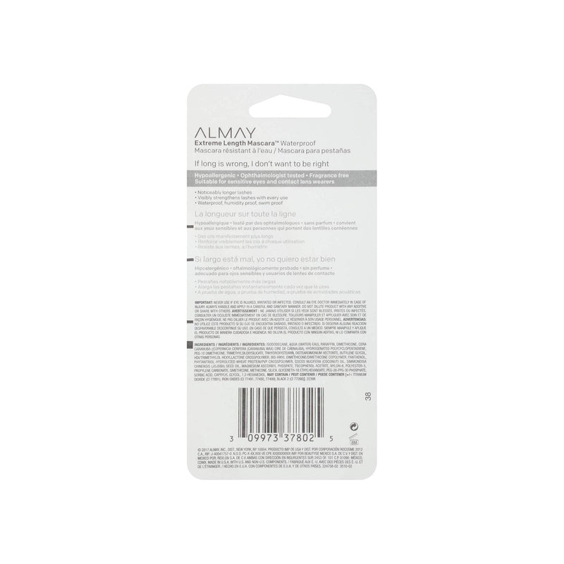 Extreme Length Mascara, Strengthening Anti-Breakage Formula, Hypoallergenic-Fragrance Free, Ophthalmologist Tested for Sensitive Eyes, 040 Waterproof Black, 0.21 fl oz Almay