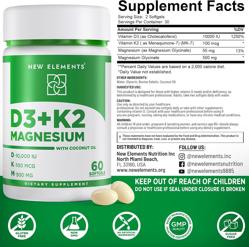 Vitamin D3 K2 10,000 IU with Magnesium Glycinate 500mg - Bone Health, Immune Support, Energy & Mood - Non-GMO, Gluten-Free, Sugar-Free Softgels for Women & Men (60 softgels) Infinity Warehouse