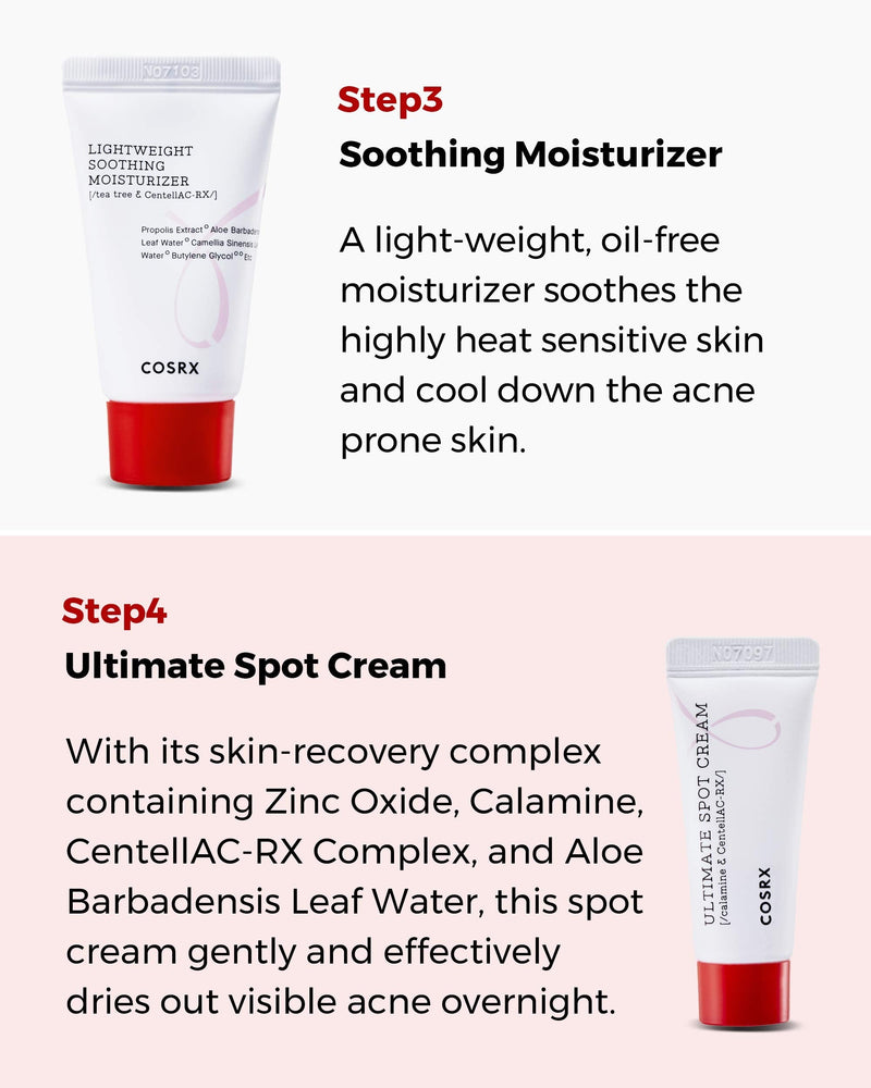 COSRX 4 Step Mild Acne Treament for Acne Prone Skin | TSA Approved Travel Size, Gift Set, Trial | Cleanser, Mild Toner, Spot Cream, Moisturizer COSRX