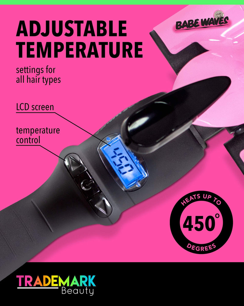Trademark Beauty Babe Waves 3 Barrel Curling Iron Hair Waver, 1.25 Inch Quick Heat, Adjustable Temperature Hair Curler, Perfect Beach Waver, Hair Styling Tools, 32mm Jumbo Ceramic Wand, Pink Babe Waves