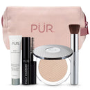 PÜR Minerals Multitasking Essentials Kit - Makeup Gift Set Includes 4-in-1 Correcting Primer, Fully Charged Mascara, 4-in-1 Pressed Mineral Powder & 1 Chisel Brush Infinity Warehouse