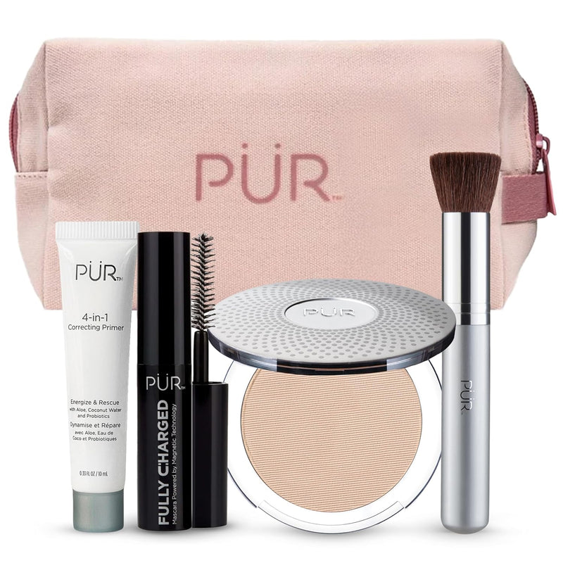 PÜR Minerals Multitasking Essentials Kit - Makeup Gift Set Includes 4-in-1 Correcting Primer, Fully Charged Mascara, 4-in-1 Pressed Mineral Powder & 1 Chisel Brush Infinity Warehouse