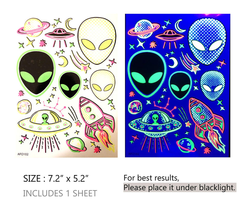 Temporary Tattoos – 1 Sheet Alien UFO Design Body Art Blacklight Reactive Light Festival Accessories Glow in the Dark Party Supplies | 7.2” x 5.2” Temp Tattoos Great for EDM EDC Party Rave Parties d'IRIS studio