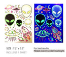 Temporary Tattoos – 1 Sheet Alien UFO Design Body Art Blacklight Reactive Light Festival Accessories Glow in the Dark Party Supplies | 7.2” x 5.2” Temp Tattoos Great for EDM EDC Party Rave Parties d'IRIS studio