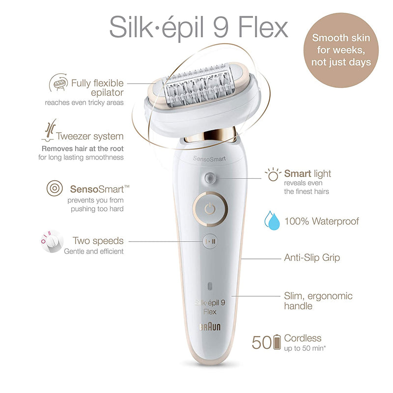 Braun Epilator Silk-épil 9 9-020 with Flexible Head, Facial Hair Removal for Women, Shaver & Trimmer, Cordless, Rechargeable, Wet & Dry, Beauty Kit with Body Massage Pad Braun