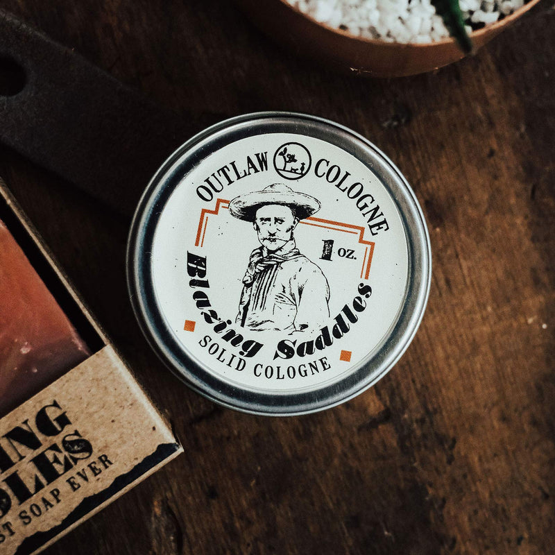 Western Solid Cologne for Men and Women - Smells like leather & gunpowder - Blazing Saddles by Outlaw - 1 oz hard cologne, Made in the USA Outlaw Soaps