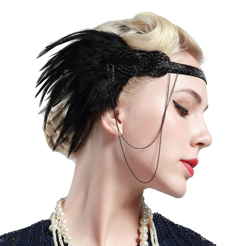 BABEYOND 1920s Flapper Headband Roaring 20s Great Gatsby Headpiece Beaded Black Feather Headband 1920s Flapper Gatsby Hair Accessories BABEYOND