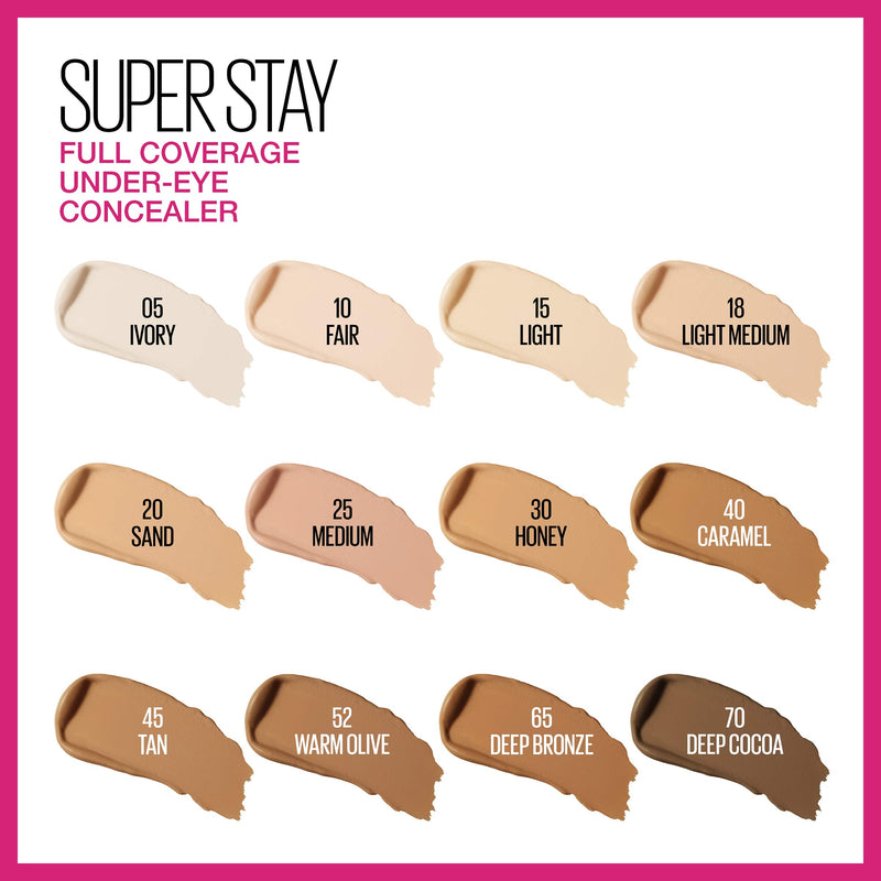 Maybelline Super Stay Super Stay Full Coverage, Brightening, Long Lasting, Under-eye Concealer Liquid Makeup For Up To 24H Wear, With Paddle Applicator, Deep Bronze, 0.23 fl. oz., 65 Deep Bronze Maybelline New York