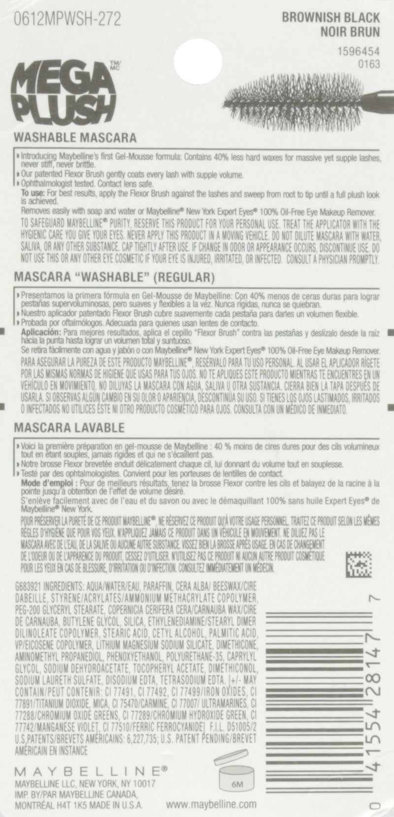 Maybelline New York Volume Express Mega Plush Washable Mascara, Brownish Black, 0.3 Fluid Ounce Maybelline New York