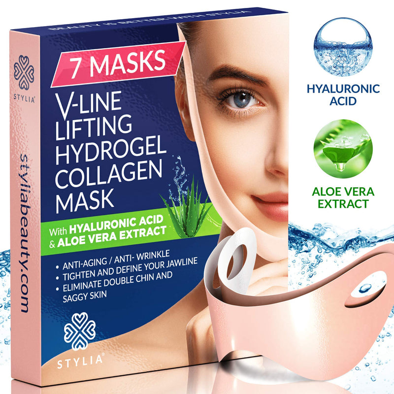 7 Piece V Line Shaping Face Masks – Lifting Hydrogel Collagen Mask with Aloe Vera – Anti-Aging and Anti-Wrinkle Band - Double Chin Reducer Strap - Contouring, Slimming and Firming Face Lift Sheet Stylia Store
