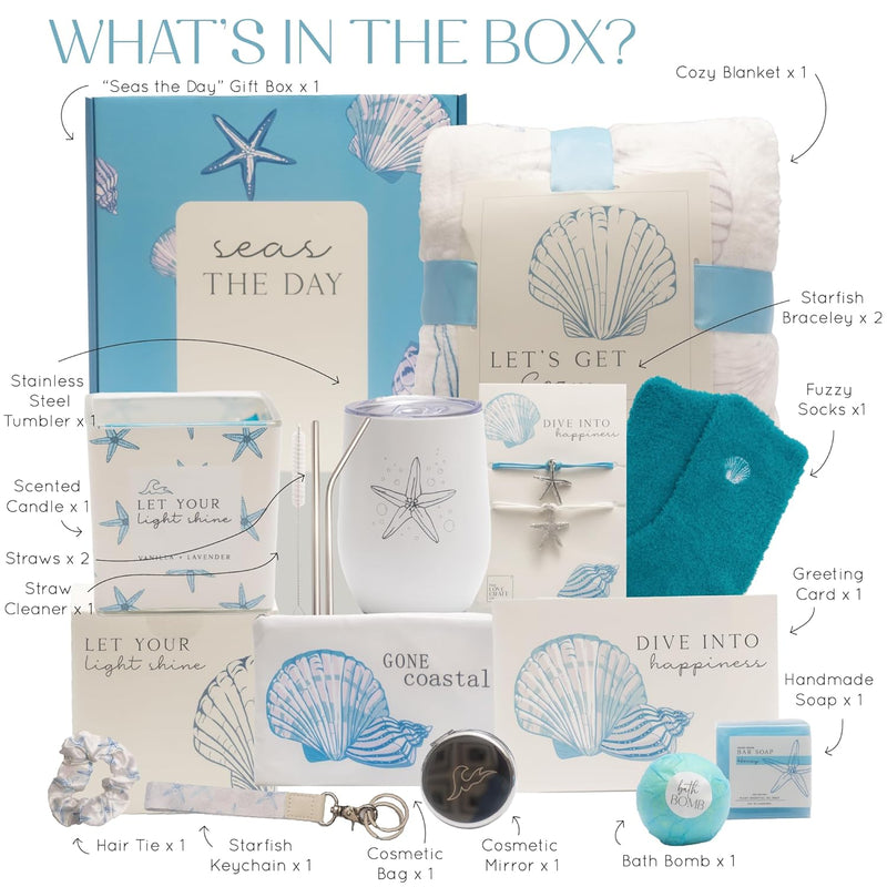 Self Care Gifts for Women. 15pc Gift Box Filled with Ocean Themed Beach Lover Gifts for Her. Thinking of You, Surgery Wellness Kit, Get Well Soon Basket, Birthday Package for Woman