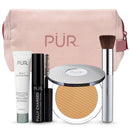 PÜR Minerals Multitasking Essentials Kit - Makeup Gift Set Includes 4-in-1 Correcting Primer, Fully Charged Mascara, 4-in-1 Pressed Mineral Powder & 1 Chisel Brush Infinity Warehouse