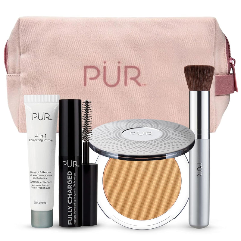 PÜR Minerals Multitasking Essentials Kit - Makeup Gift Set Includes 4-in-1 Correcting Primer, Fully Charged Mascara, 4-in-1 Pressed Mineral Powder & 1 Chisel Brush Infinity Warehouse
