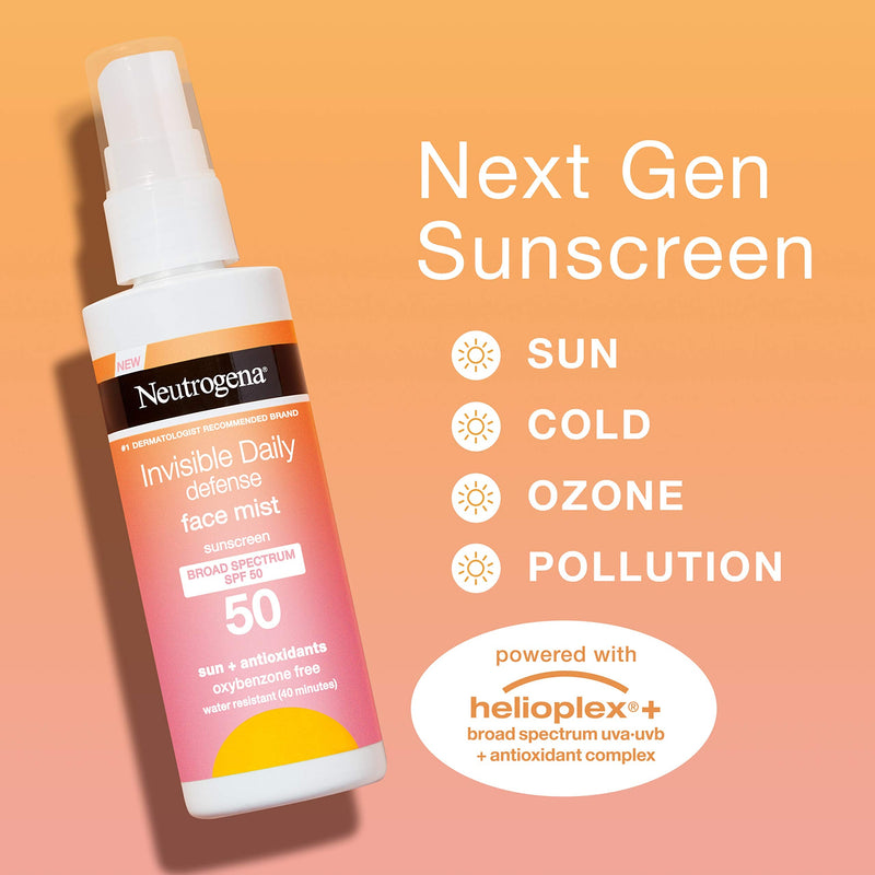 Neutrogena Invisible Daily Defense Face Mist, Broad Spectrum SPF 50 Sunscreen, Oxybenzone-Free, Sun & Environmental Aggressor Protection, Antioxidant Complex, 3.4 fl. Oz Neutrogena