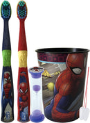 Marvel Avengers Bright Smile Oral Hygiene Bundles Turbo Powered Toothbrush, Brushing Timer and Mouthwash Rinse Cup. Plus Dental Gift Bag and Tooth Saver Necklace (4 Piece Manual, Spiderman) L&E Products