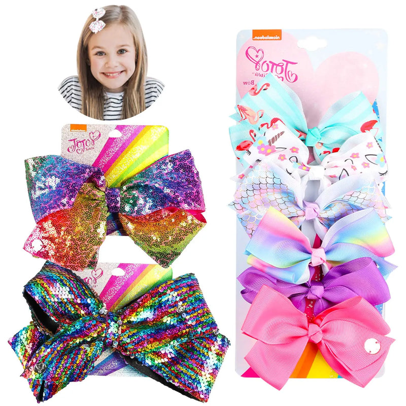 PANTIDE 8Pcs JOJO Bow Hair Clips- 8 Inch Large Sparkly Glitter Sequin Hair Bows and 5 Inch Rainbow Unicorn Grosgrain Ribbon Hair Bows, Alligator Hair Clips Hair Barrettes Accessories with Gift Bag PANTIDE Store