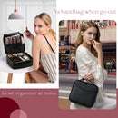 Leather Makeup Train Case Travel Makeup Bag PU Leather Cosmetic Bag Storage Organizer with Adjustable Divider Outside Pocket Portable Brush Holder Gift for Women - Black Leather Stagiant