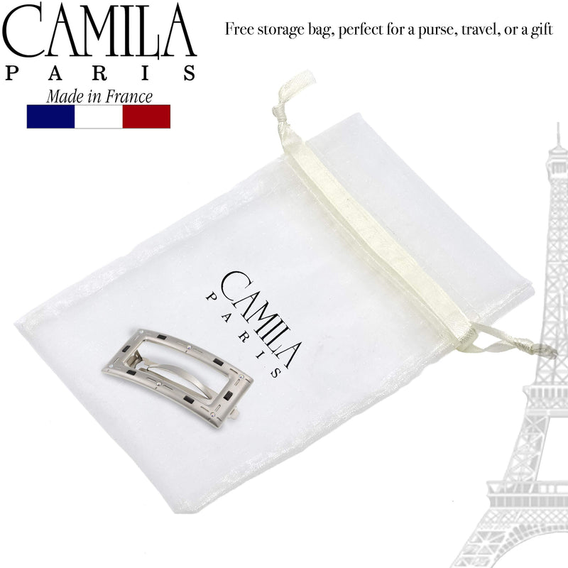 Camila Paris GA252 2.5 Inch Square Hair Barrette Clip Metal Silver, French Hair Accessories for Women, Handmade with Swarovski Crystals Stones. Styling Girls Hair Ornaments. Made in France Camila