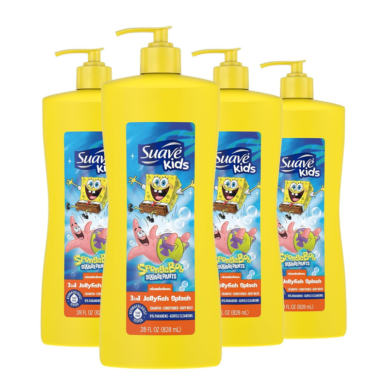Suave Kids 3-in-1 Spongebob, Tear Free, Body Wash, Shampoo and Conditioners, Dermatologist Tested, 28 Oz Pack of 4 Infinity Warehouse