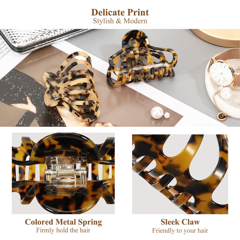 Shinowa Hair Clips, [2-Pack] Bohemian Tortoise Shell Hair Claw Clips Strong Hold Big Hair Jaw Clips for Thick Hair, Hair Accessories for Women Girls, Leopard Shinowa