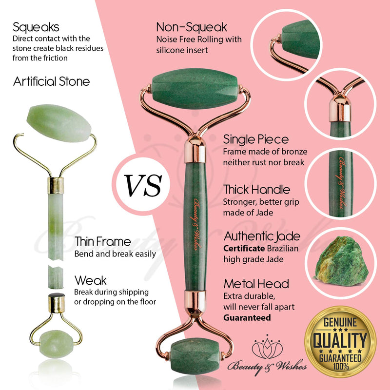 Jade Roller and Gua Sha Face Luxury Anti Aging Tool Set with Countertop Stand – Grade A – Authentic Brazilian Stone Facial Massager for Wrinkles - Non-Squeak by Beauty & Wishes (Aventurine) BEAUTY & WISHES