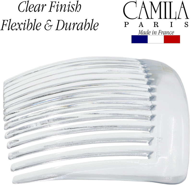 Camila Paris CP2911 French Side Combs Large 2 Pack Curved, Clear Flexible Durable Cellulose Hair Combs, Strong Hold Grip Hair Clips for Women, No Slip Styling Girls Hair Accessories, Made in France Camila