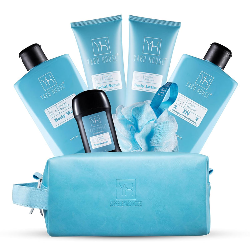 Bath and Body Mens Gift Set - Glacier Absolute - Premium Fathers Day Birthday Christmas Gifts Ideas For Him - Skin Care Kits For Men in Leather Toiletry Bag w. Full Size Items Infinity Warehouse