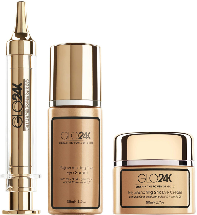 GLO24K Complete Eye Care Set with our 24k Instant Facelift Cream, Eye Cream, and Eye Serum. Formulated to Treat the Delicate Skin around the Eyes. GLO24K UNLEASH THE POWER OF GOLD