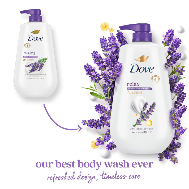 Dove Body Wash with Pump Relaxing Lavender Oil & Chamomile 3 Count for Renewed, Healthy-Looking Skin Gentle Skin Cleanser with 24hr Renewing MicroMoisture 30.6 oz Infinity Warehouse
