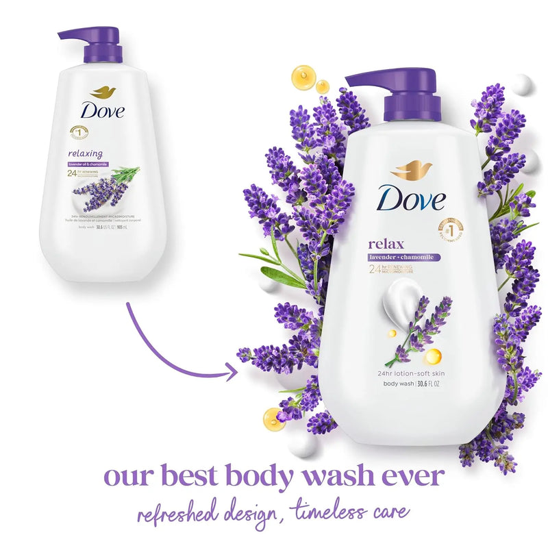 Dove Body Wash with Pump Relaxing Lavender Oil & Chamomile 3 Count for Renewed, Healthy-Looking Skin Gentle Skin Cleanser with 24hr Renewing MicroMoisture 30.6 oz Infinity Warehouse