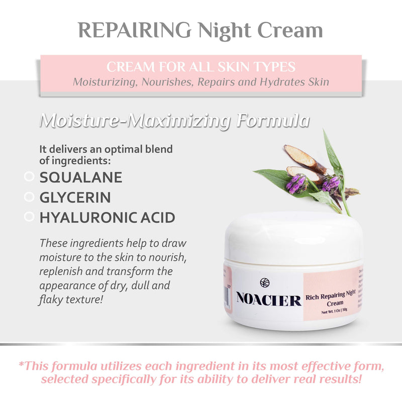 Hydrating Night Face Cream, Daily Hyaluronic Acid Facial Moisturizer, Dry Sensitive Aging Skin Moisturizing Treatment & Wrinkle Repair, 1oz Noacier NOACIER